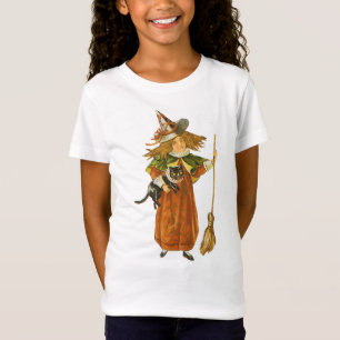 T-Shirt Halloween à l'ancienne, sorcière fille avec chat n