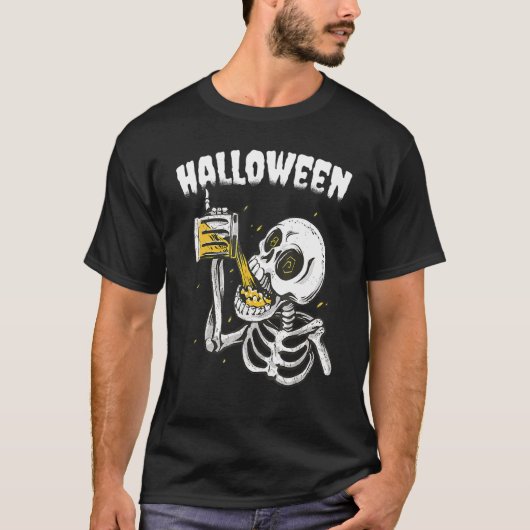 T-shirt Halloween Beer Drinking Skeleton (Devant)