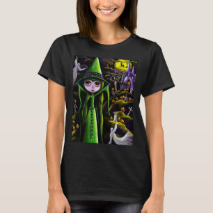 T-shirt Halloween Big Eye Green sorcière Fille Fantômes Ci
