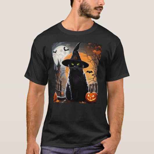 T-shirt Halloween Black Cat Hat Spooky Cat and Pumpkin Gra (Devant)