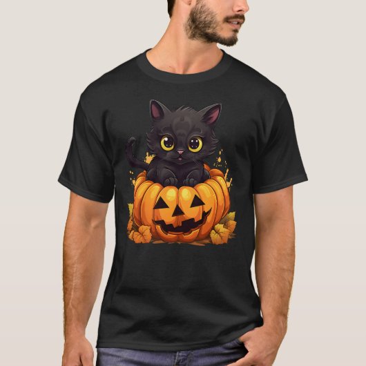 T-shirt Halloween Black Cat Pumpkin Funny Spooky Kitty Boy (Devant)