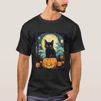T-shirt Halloween Black Cat Van Gogh Witch Starry Night Ar