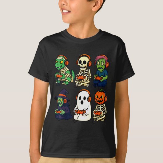 T-shirt Halloween Boys Kids Gamer Dinosaur Skeleton Ghost (Devant)