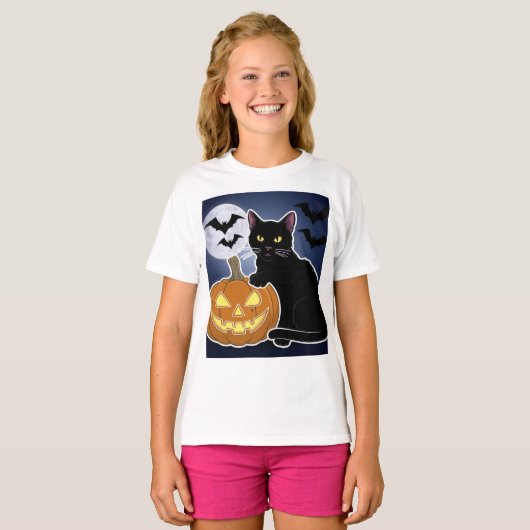 T-shirt halloween chat noir avec citrouille (Devant entier)