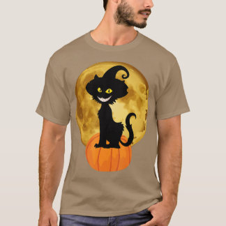 T-shirt Halloween Chat noir Citrouille effrayant sur la lu