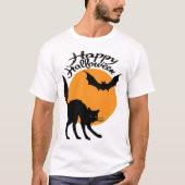 T-shirt Halloween chat noir et chauve-souris avec lune, ha (Devant)