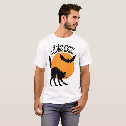 T-shirt Halloween chat noir et chauve-souris avec lune, ha (Devant entier)