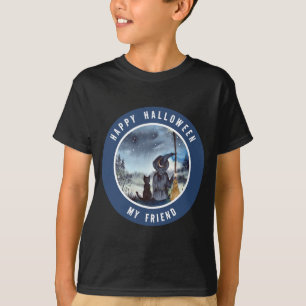 T-shirt Halloween Chat noir et la Sorcière étoile nuit