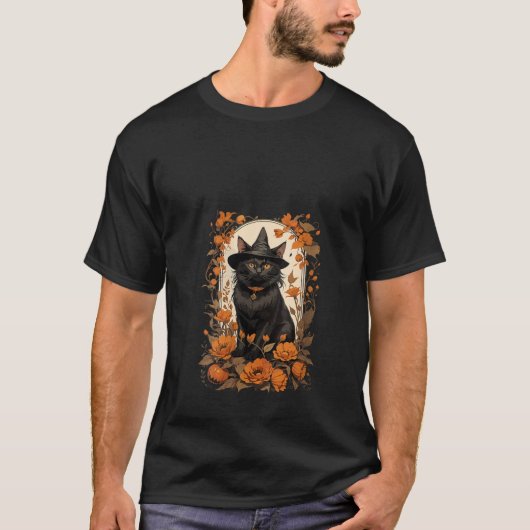 T-shirt Halloween Chat Noir Sorcière Casquette Automne Vib (Devant)