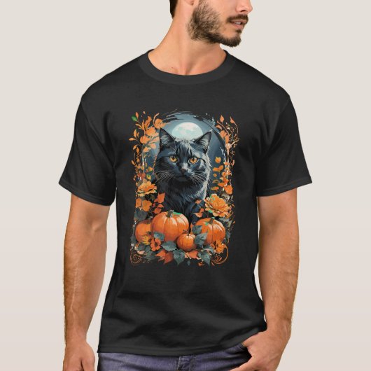 T-shirt Halloween Chat Noir Sorcière Casquette Automne Vib (Devant)