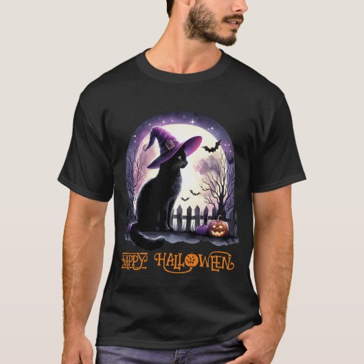 T-shirt Halloween Chat Noir sorcière et chauves-souris (Devant)