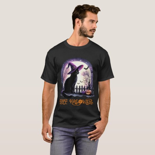 T-shirt Halloween Chat Noir sorcière et chauves-souris (Devant entier)