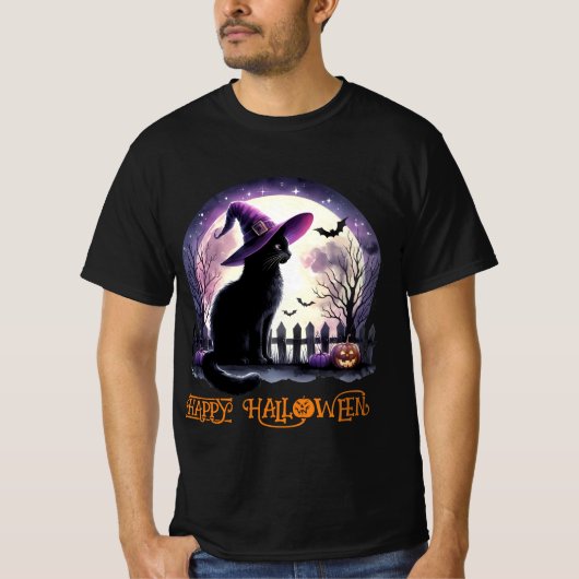T-shirt Halloween Chat Noir sorcière et chauves-souris (Devant)