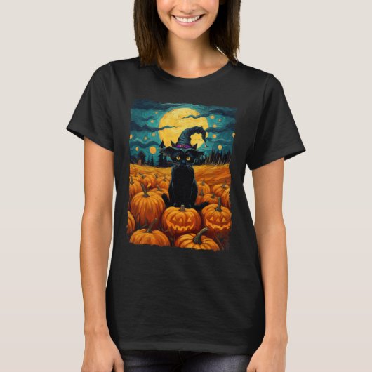 T-shirt Halloween Chat noir Van Gogh Witch Kawaii Citrouil (Devant)