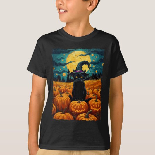 T-shirt Halloween Chat noir Van Gogh Witch Kawaii Citrouil (Devant)