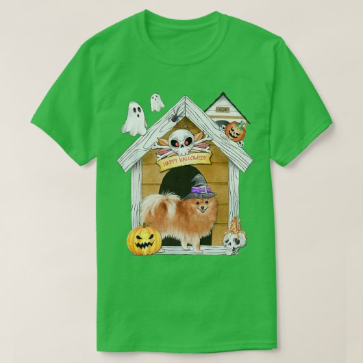 T-shirt Halloween Chien Poméranie sorcière Maison hantée (Design devant)
