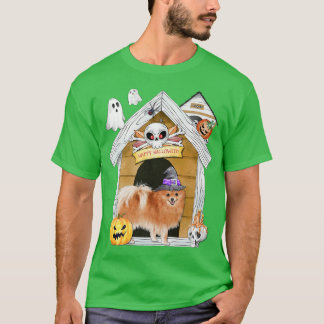 T-shirt Halloween Chien Poméranie sorcière Maison hantée
