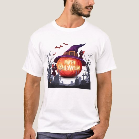 T-shirt Halloween-Citrouille, sorcière Casquette et chats  (Devant)