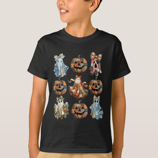 T-shirt Halloween Coquette Bow Citrouille Ghost Patchwork (Devant)