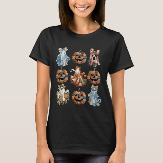 T-shirt Halloween Coquette Bow Citrouille Ghost Patchwork (Devant)