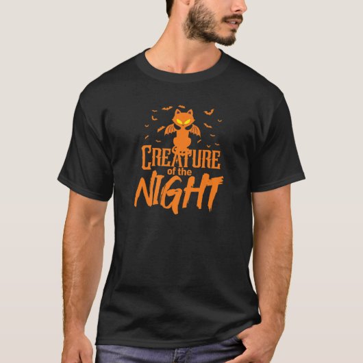 T-shirt Halloween Créature De La Nuit Peur Chat Bats (Devant)