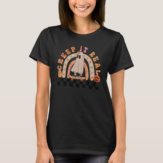 T-shirt Halloween Creep It Real Retro Skateboard Ghost (Devant)