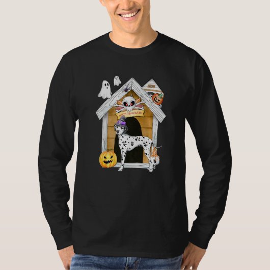 T-shirt Halloween Dalmatian Dog Witch Haunted House (Devant)