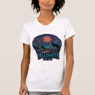 T-shirt Halloween Est Howling Wolf Red Moon Zombie Hand_1