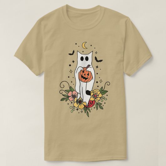 T-shirt Halloween Ghost Chat Citrouille effrayant Floral A (Design devant)