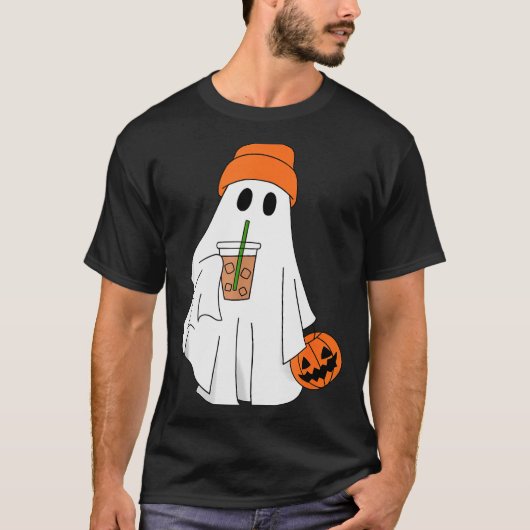 T-shirt Halloween Ghost Drinking Coffee Ghost Ice Coffee M (Devant)
