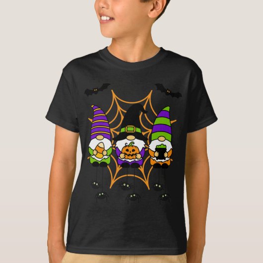 T-shirt Halloween Gnomes Dans Spiderweb Avec Araignées Bat (Devant)
