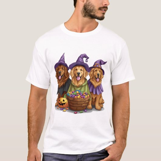T-shirt Halloween Golden Retriever Witch Dogs (Devant)