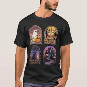 T-shirt Halloween Gothique Fenêtre Fantôme Citrouille Chat