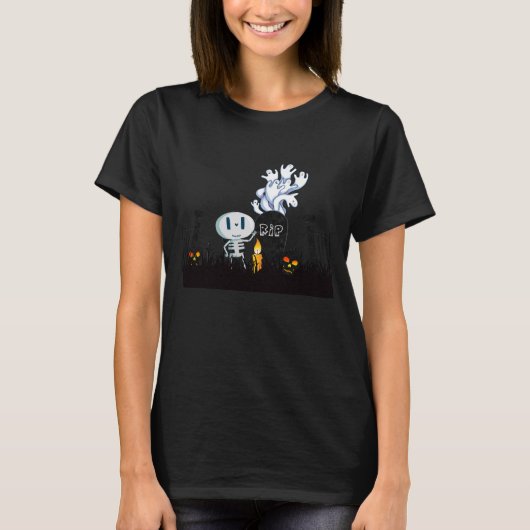 T-shirt Halloween Graveyard Éffrayant Cute Skeleton & Ghos (Devant)