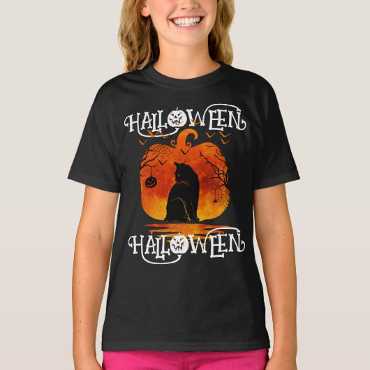 T-SHIRT HALLOWEEN HALLOWEEN CHAT CITROUILLE NOIR (Devant)