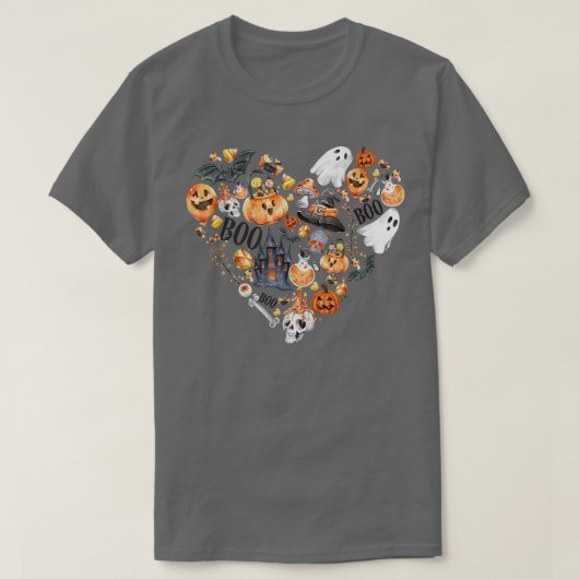 T-shirt Halloween Heart With Pumpkins Ghosts Haunted House (Design devant)