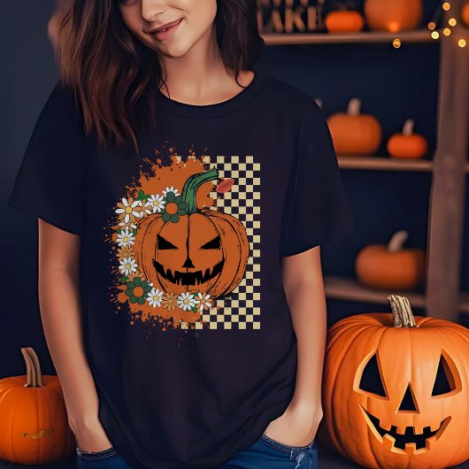 T-shirt Halloween Jack-o-lanterne avec Checkers et Fleurs