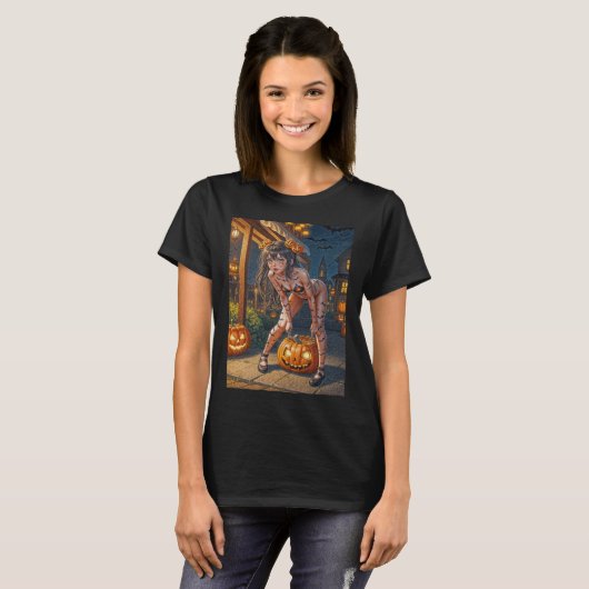 T-shirt Halloween Monster Jack-o-Lantern & Bat Vixen Girl (Devant entier)