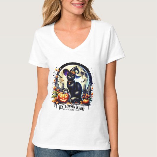 T-shirt "Halloween Night Magic" Black Cat Shirt (Devant)