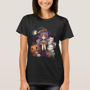 T-shirt Halloween Night Time Young Witch Reading with Cats