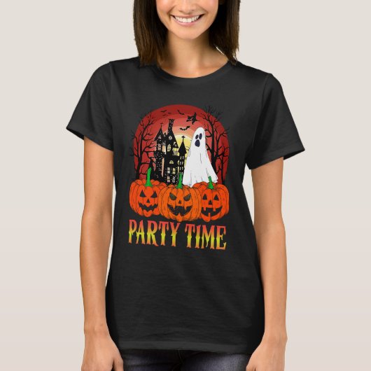 T-shirt Halloween Party Time Ghost Pumpkin Haunted House (Devant)