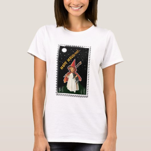 T-shirt Halloween - Petite fille avec chambre et chat noir (Devant)