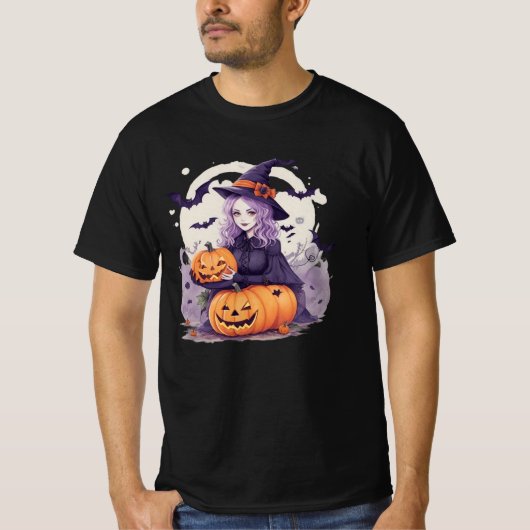T-shirt halloween pumpkin and halloween witch bats (Devant)