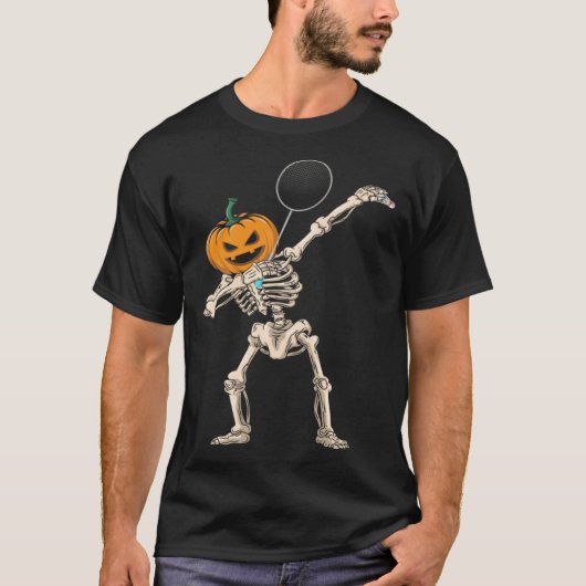 T-shirt Halloween Pumpkin Skeleton Badminton Dabbing (Devant)