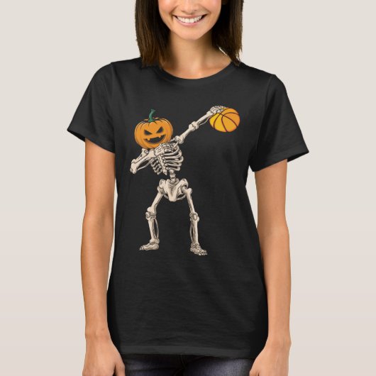 T-shirt Halloween Pumpkin Skeleton Basketball Dabbing (Devant)