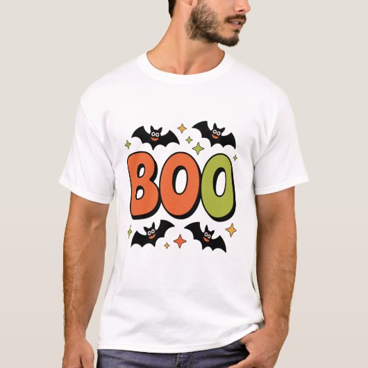 T-shirt Halloween Retro Super BOO avec chauves-souris (Devant)
