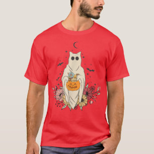 T-shirt Halloween Retro Vintage Floral Cat Ghost Boo Pumpk