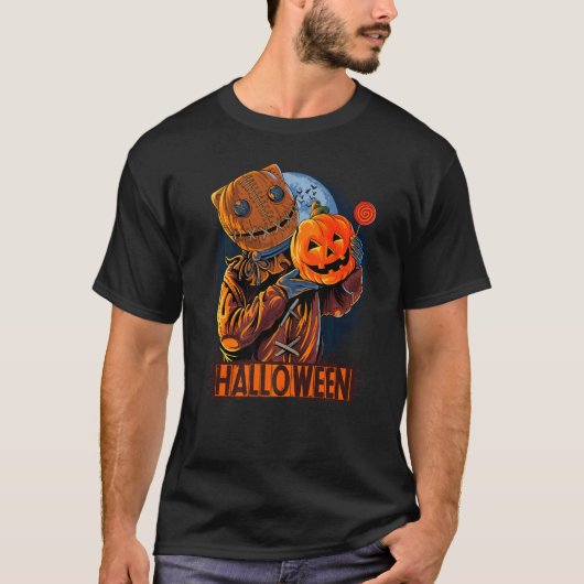 T-shirt Halloween Sack Homme Masqué Portant Citrouille Et (Devant)