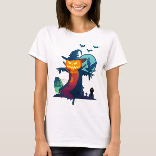 T-shirt Halloween Scarecrow With Bats Crow and Owl