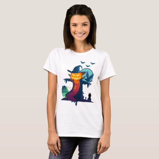 T-shirt Halloween Scarecrow With Bats Crow and Owl (Devant entier)